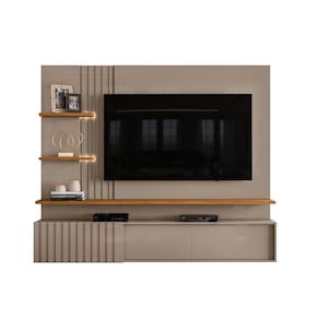 Painel C/ Rack Bancada Sala Estar TV Até 65 Polegadas 2 Fitas LED 2 Portas De Correr 3 Prateleiras Atena