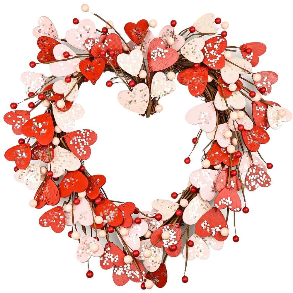 Coroa de São Valentim Lotus Hills em forma de coração de 43 cm com glitter