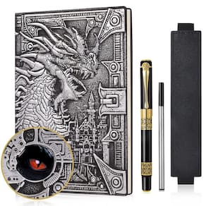 Caderno DND Dragon 3D em couro em relevo, diário A5 com caneta