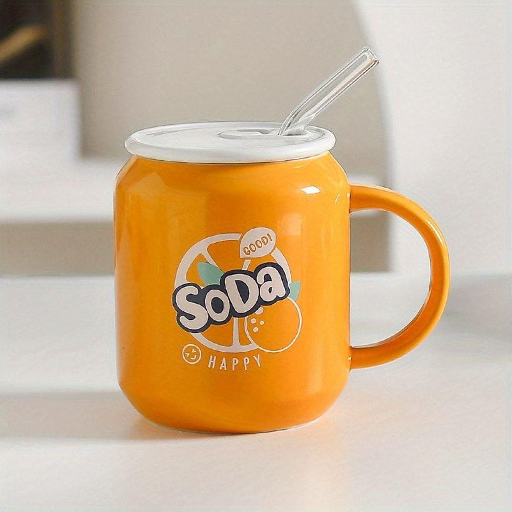 Caneca De Cerâmica Com Canudo Refrigerante Soda Cola 380ml Laranja