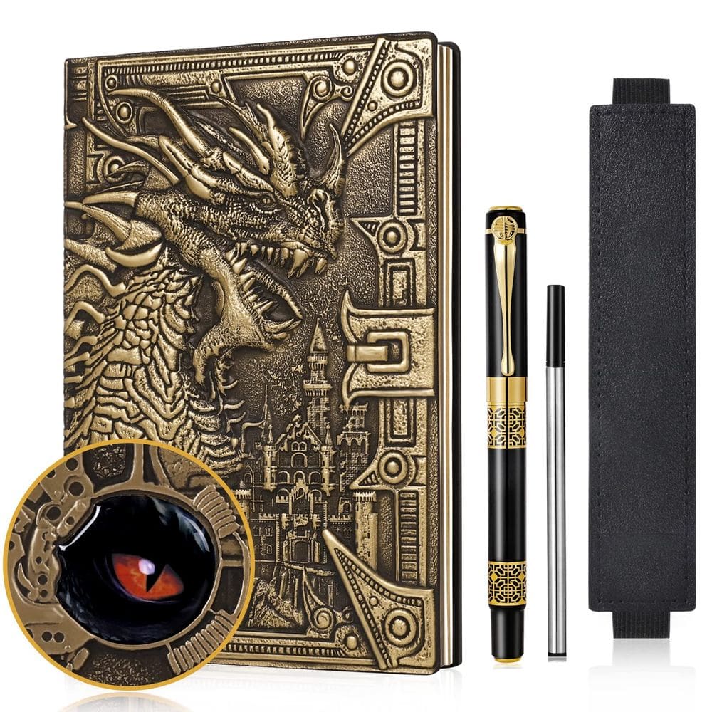 Notebook DND Dragon 3D em couro em relevo A5 com caneta vintage