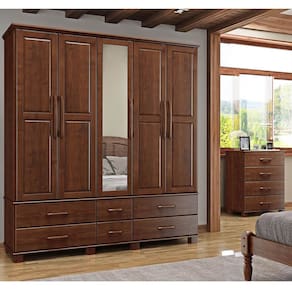 Conjunto Quarto: Guarda-Roupa Casal 5 Portas 6 Gavetas, Cômoda 4 Gavetas Ouro Café Madeira Pinus - Finestra