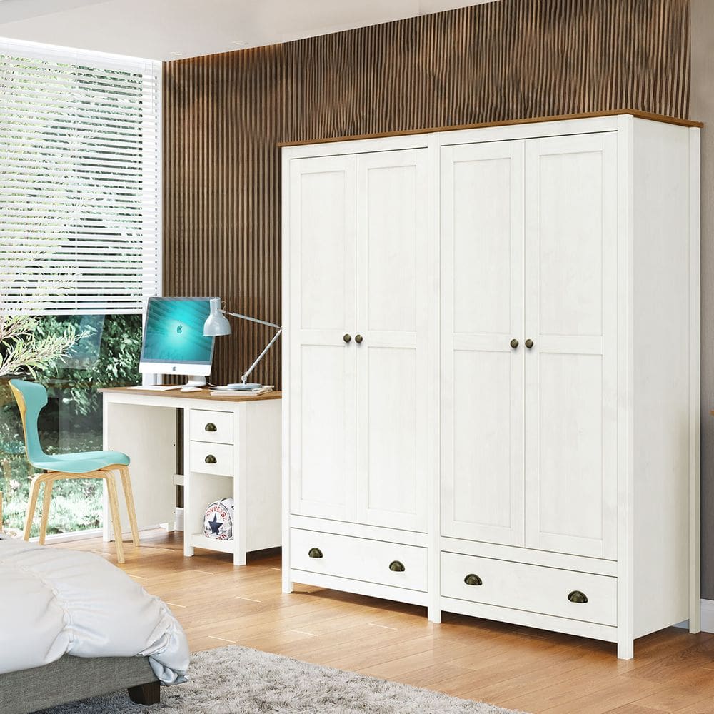 Conjunto Quarto: Guarda-Roupa 4 Portas, Escrivaninha 2 Gavetas Topázio Branco/Freijó Madeira Pinus - Finestra
