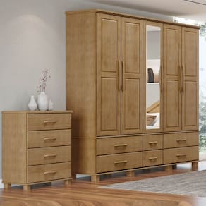 Conjunto Quarto: Guarda-Roupa Casal 5 Portas 6 Gavetas, Cômoda 4 Gavetas Ouro Freijó Madeira Pinus - Finestra