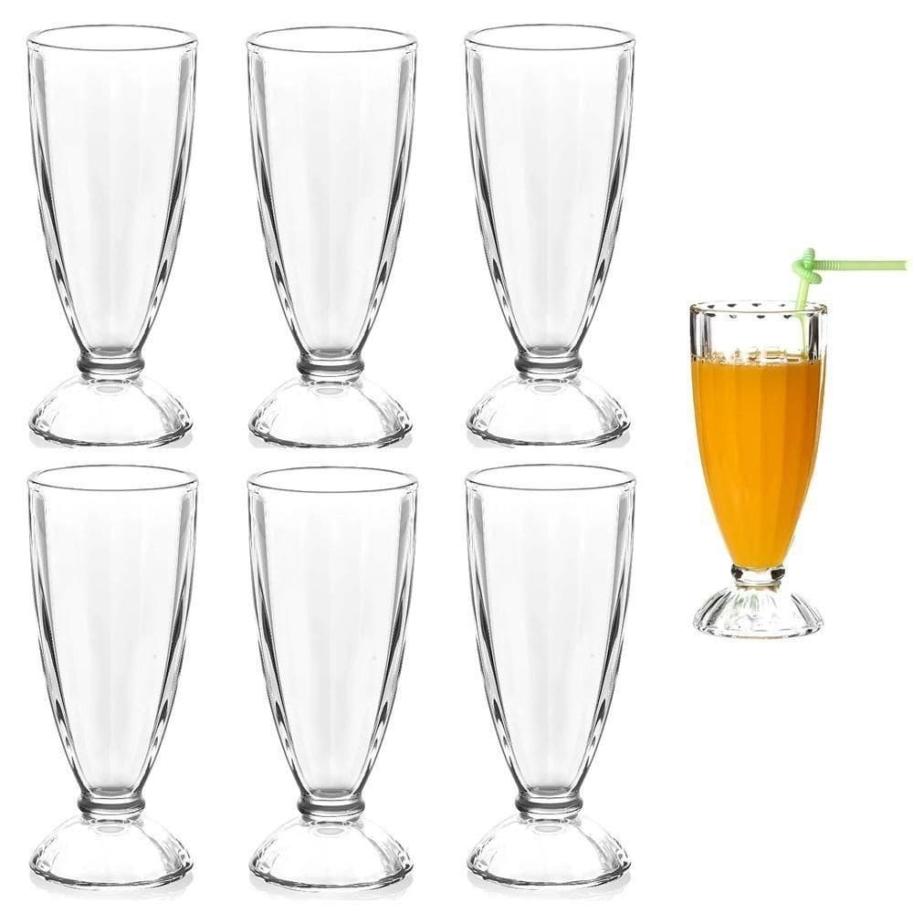 Jogo Taca Copo De Vidro Para Suco Milk Shake Kit 6 Peças Sobremesa E Sorvete Alta Grande Retro 260ml