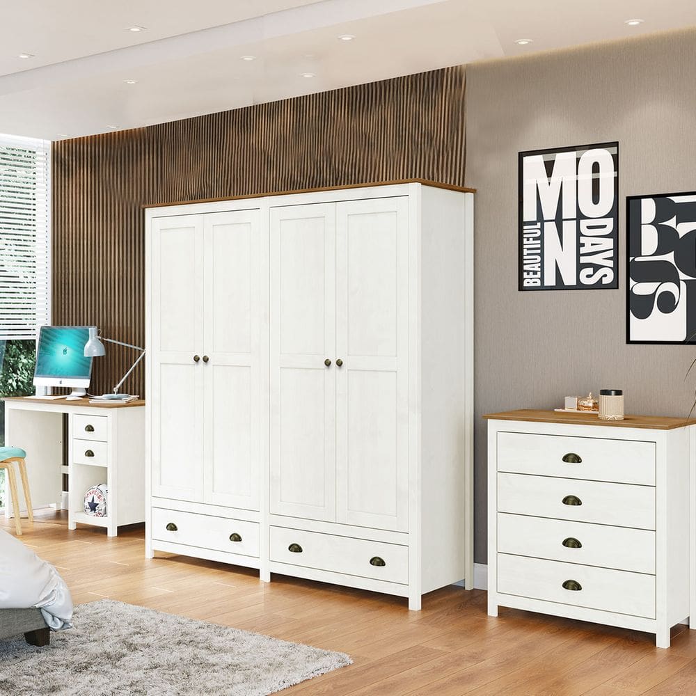 Conjunto Quarto: Guarda-Roupa 4 Portas, Escrivaninha, Cômoda 4 Gavetas Topázio Branco/Freijó Madeira Pinus - Finestra