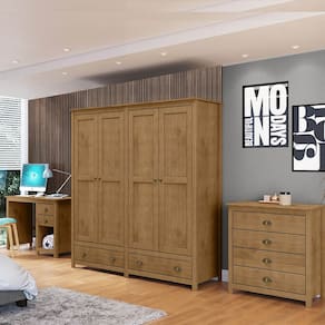 Conjunto Quarto: Guarda-Roupa 4 Portas, Escrivaninha, Cômoda 4 Gavetas Topázio Freijó Madeira Pinus - Finestra