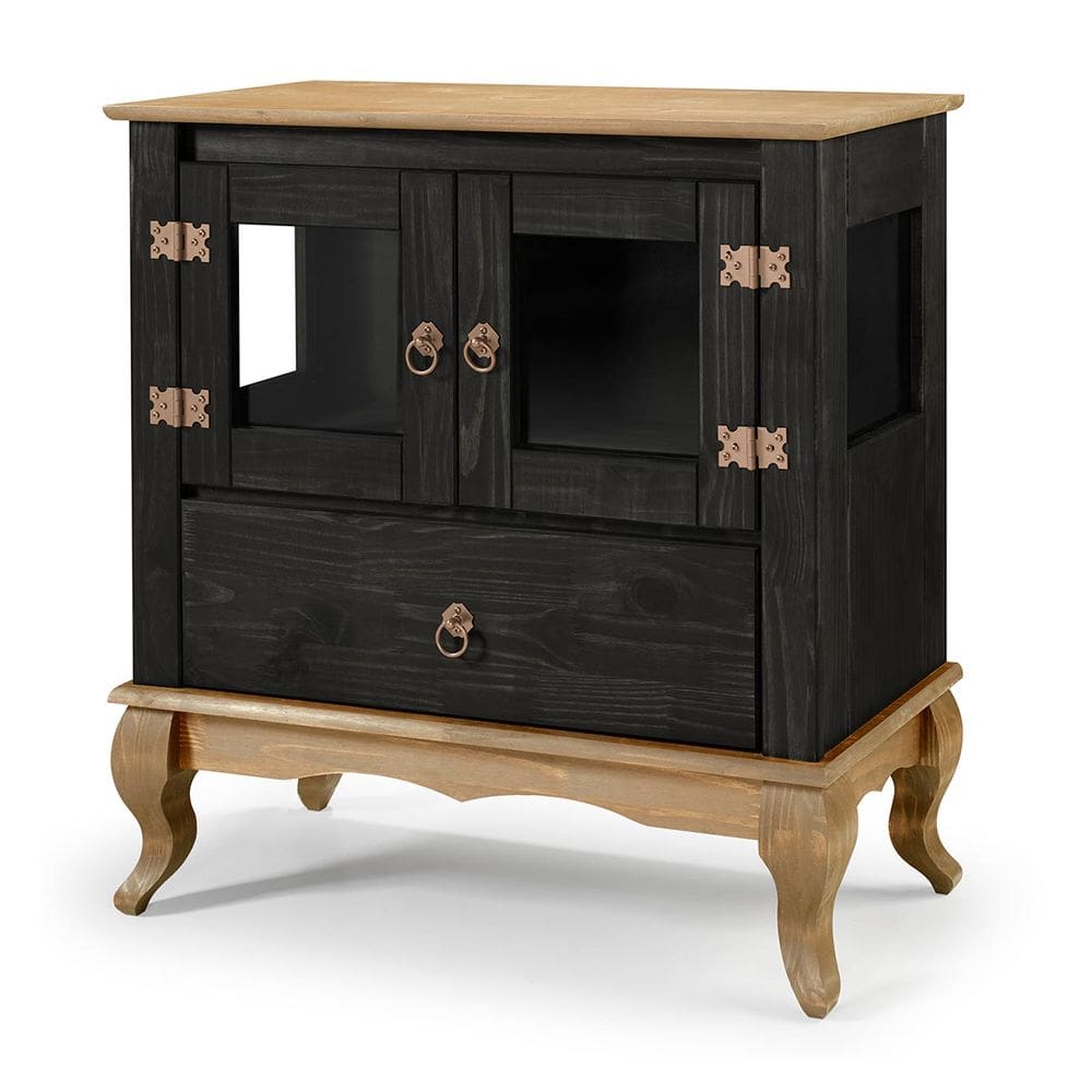 Balcão Buffet Aparador 2 Portas de Vidro Lateral de Vidro 1 Gaveta Pés Luiz XV D120VL - Preto Rustic