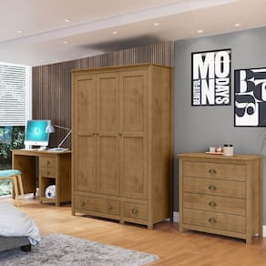 Conjunto Quarto: Guarda-Roupa 3 Portas, Escrivaninha, Cômoda 4 Gavetas Topázio Freijó Madeira Pinus - Finestra