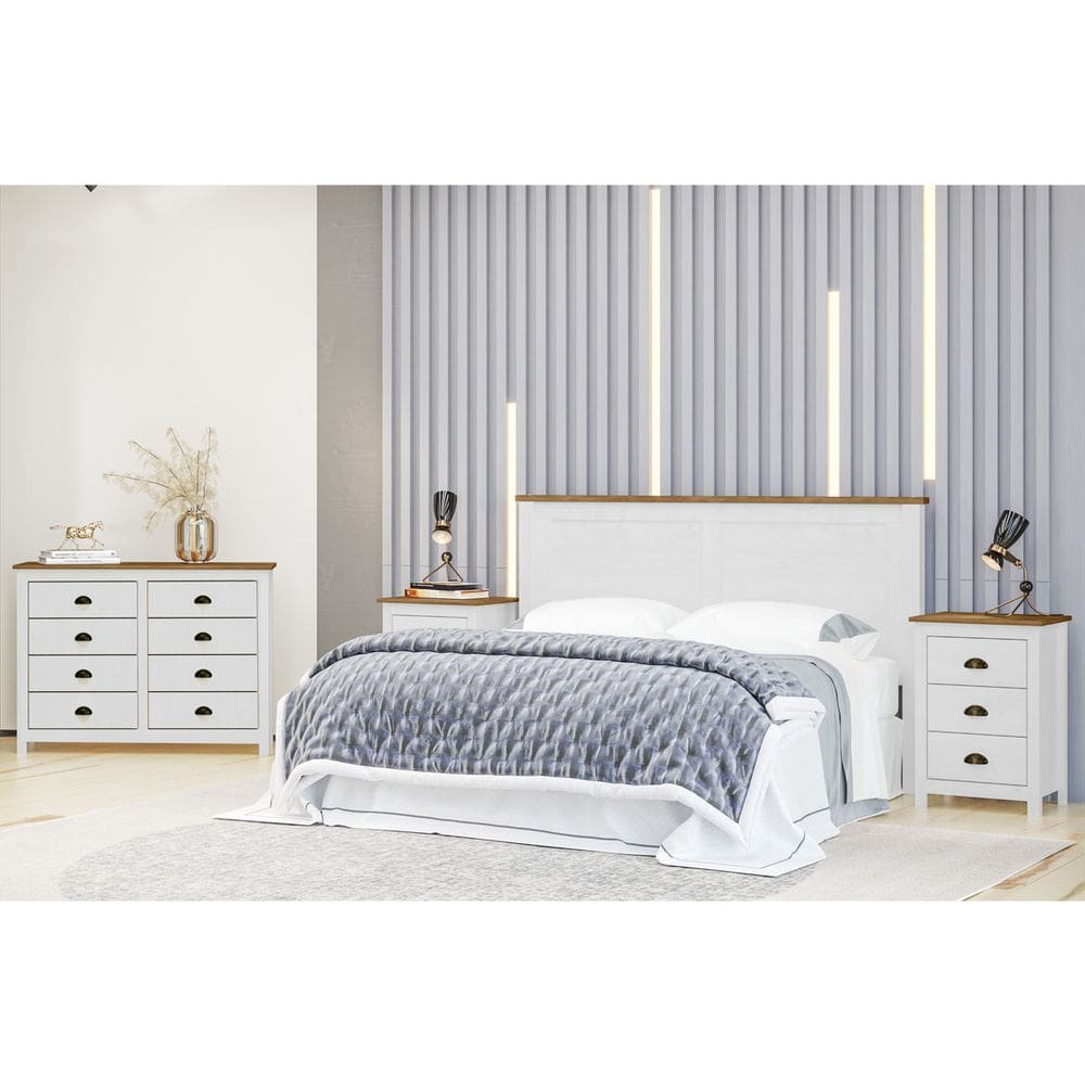 Conjunto Quarto: Cabeceira, Cômoda 8 Gavetas e 2 Mesas de Cabeceiras Topázio Branco/Freijó Madeira Pinus - Finestra