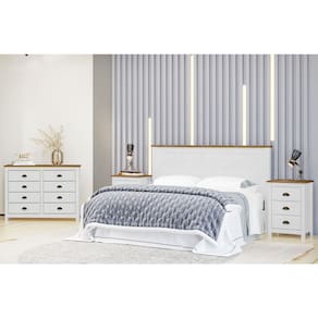 Conjunto Quarto: Cabeceira, Cômoda 8 Gavetas e 2 Mesas de Cabeceiras Topázio Branco/Freijó Madeira Pinus - Finestra