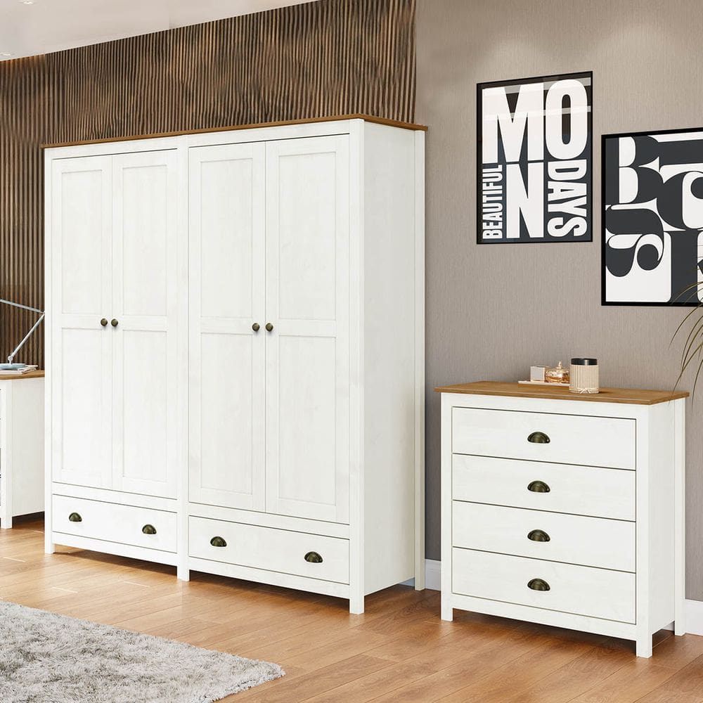 Conjunto Quarto: Guarda-Roupa 4 Portas, Cômoda 4 Gavetas Topázio Branco/Freijó Madeira Pinus - Finestra
