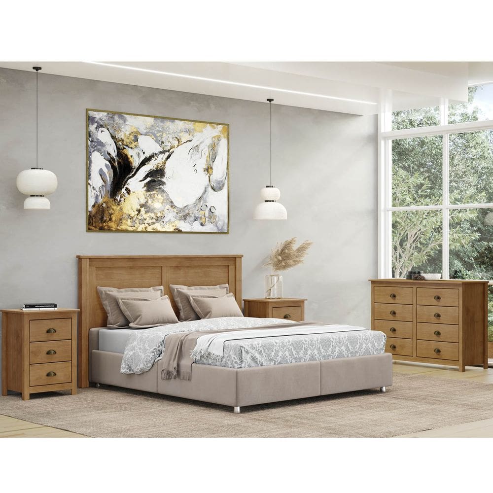 Conjunto Quarto: Cabeceira, Cômoda 8 Gavetas e 2 Mesas de Cabeceiras Topázio Freijó Madeira Pinus - Finestra