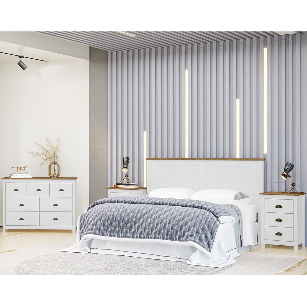 Conjunto Quarto: 1 Cabeceira, Cômoda 7 Gavetas e 2 Mesas de Cabeceiras Topázio Branco/Freijó Madeira Pinus - Finestra