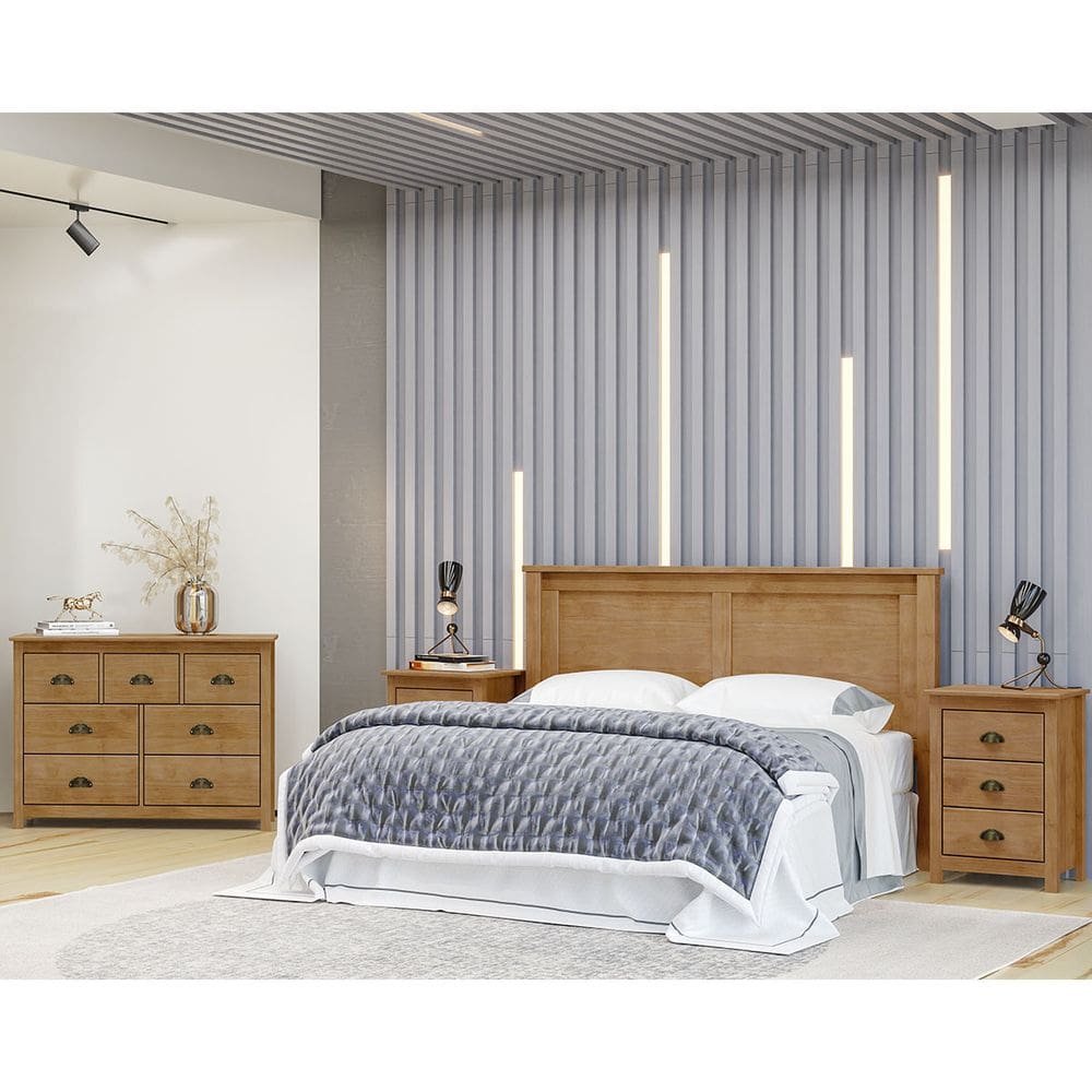 Conjunto Quarto: 1 Cabeceira, Cômoda 7 Gavetas e 2 Mesas de Cabeceiras Topázio Freijó Madeira Pinus - Finestra