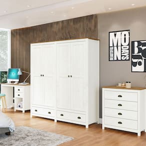 Conjunto Quarto: Guarda-Roupa 10 Portas, Escrivaninha, Cômoda 4 Gavetas Topázio Branco/Freijó Madeira Pinus - Finestra