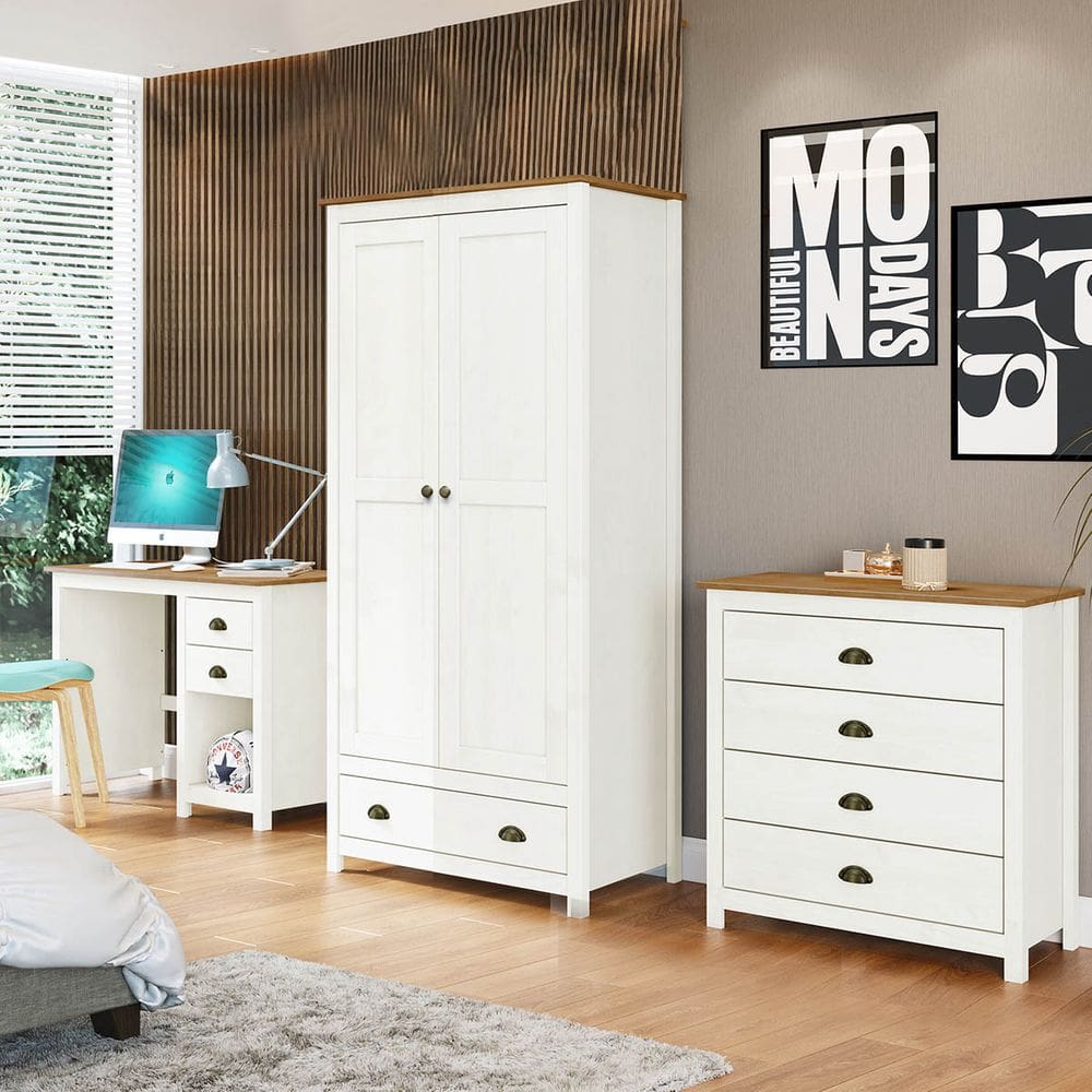 Conjunto Quarto: Guarda-Roupa 2 Portas, Escrivaninha, Cômoda 4 Gavetas Topázio Branco/Freijó Madeira Pinus - Finestra