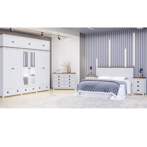 Conjunto Quarto: Guarda-Roupa 12 Portas Cabeceira Cômoda 8 Gavetas 2 Mesas Cabeceiras Topázio Branco/Freijó Madeira Pinus - Finestra