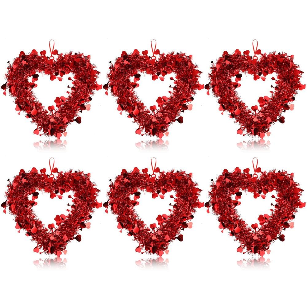 Coroas de flores em forma de coração de dia dos namorados Chuangdi Red Tinsel 30 cm 6 unidades