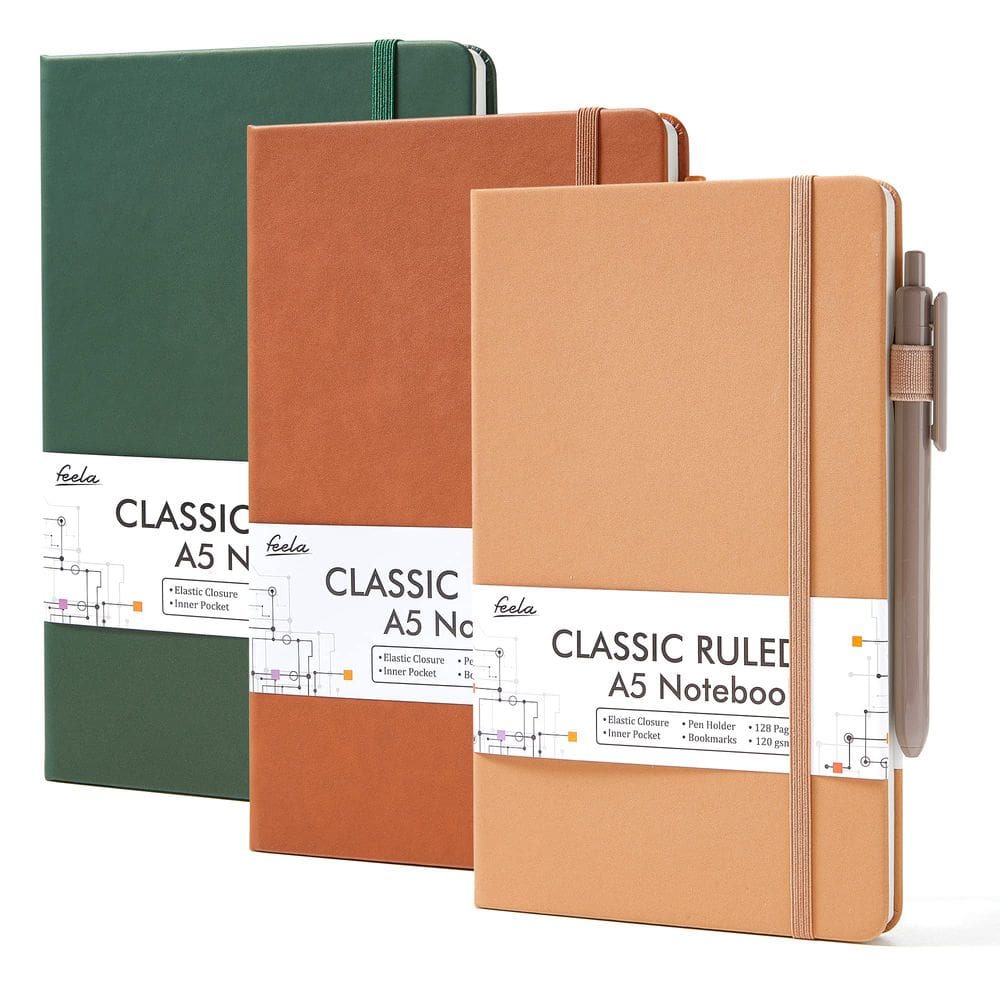 Notebook feela Hardcover A5 Classic Ruled 120 g/m², pacote com 3 canetas