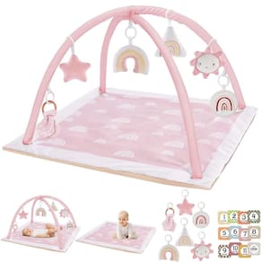 Tapete Baby Play Gym lavável Tummy Time com 6 brinquedos rosa