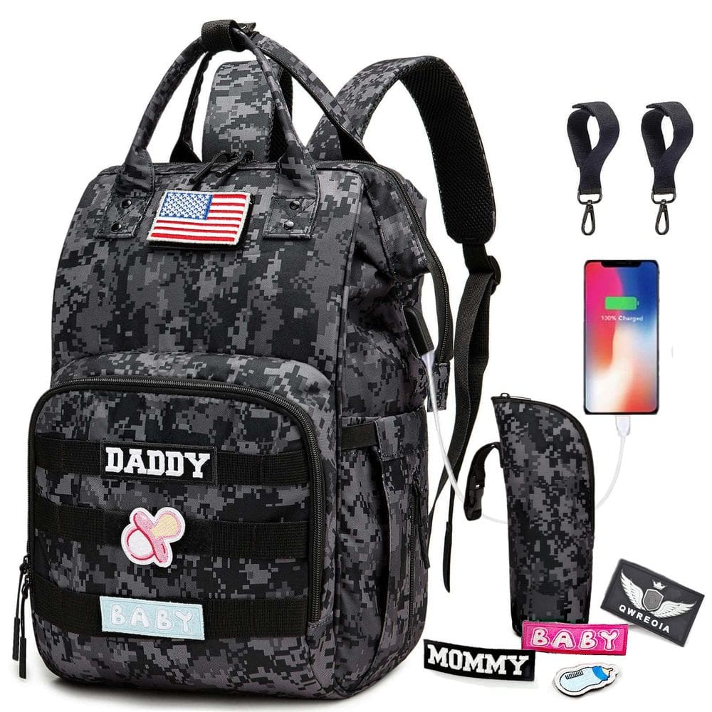 Mochila para fraldas QWREOIA Camo para papai e mamãe com porta USB