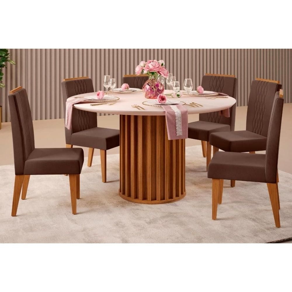 Sala de Jantar Completa Viena Tampo Madeirado c/ Vidro 136cm e 6 Cadeiras Lia Freijo/Off White - Suede Moca - DJ Móveis