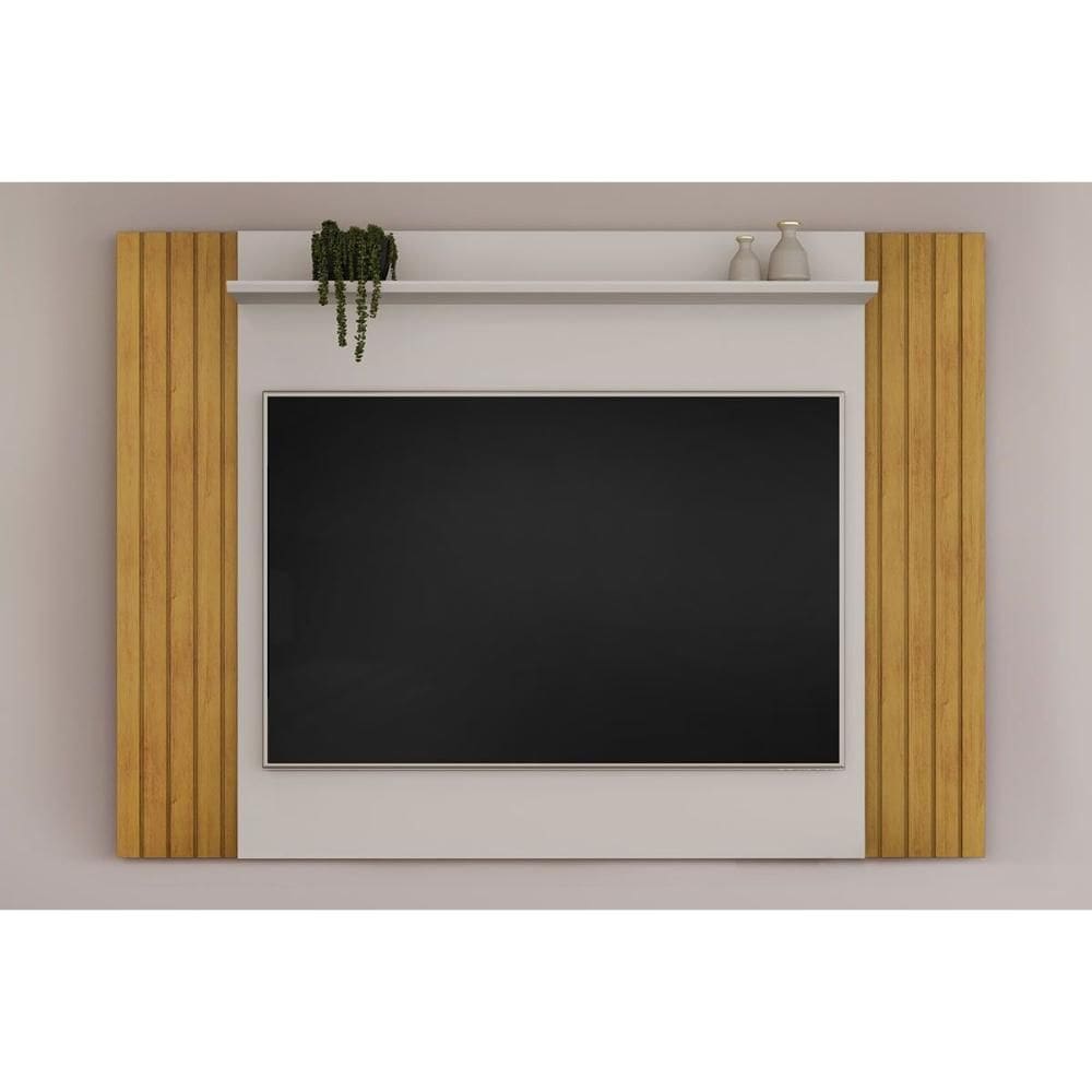 Rack Bancada c/ Painel p/ TV até 60 Pol Trend Ripado Extensível 108x160 cm Freijó/Off White - DJ Móveis
