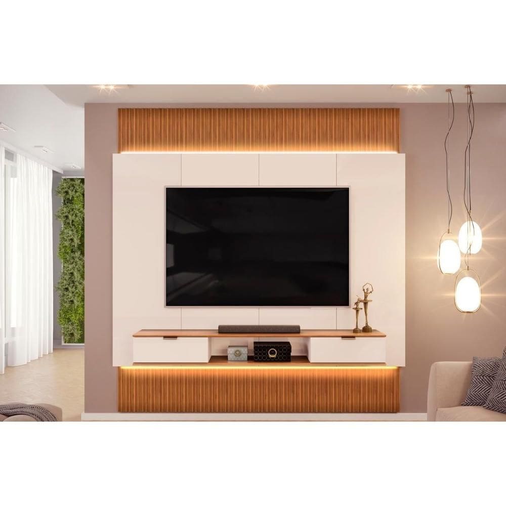 Rack Bancada c/ Painel p/ TV até 85 Polegadas Hit 2290 100% MDF Extensível Led de 240 a 290cm Freijó/Off White - DJ Móveis