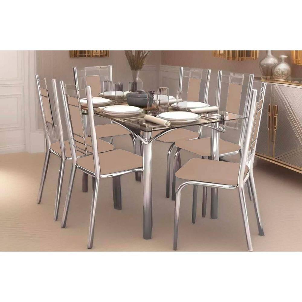 Sala de Jantar Completa Elba c/ Tampo de Vidro 80x150cm e 6 Cadeiras Florença Cromada - Courano Bege - Kappesberg