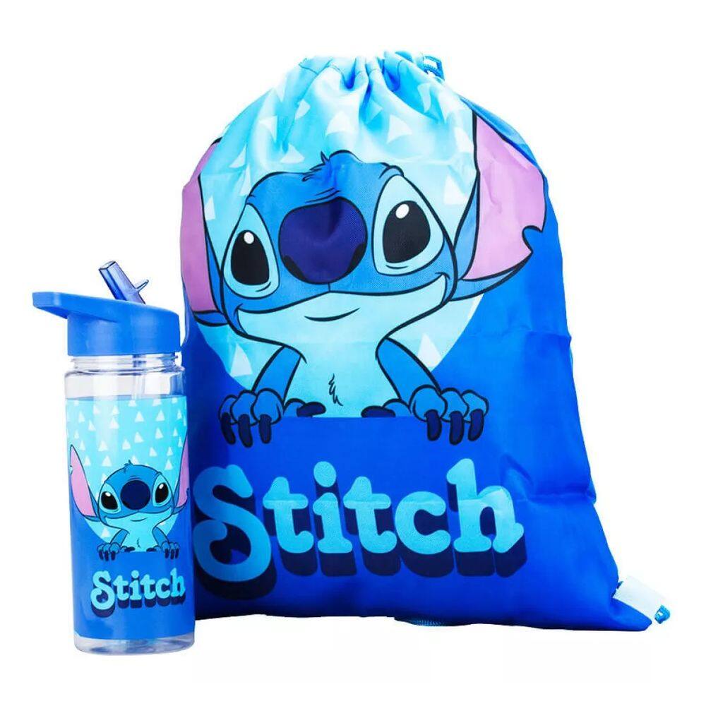 Garrafa Plástico 450ml Com Mochila Tipo saco Stitch Aloha -Disney