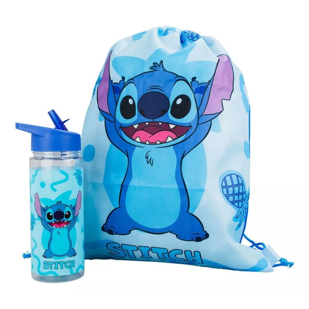 Garrafa Plástico 450ml Com Mochila Tipo saco Stitch Abacaxi -Disney