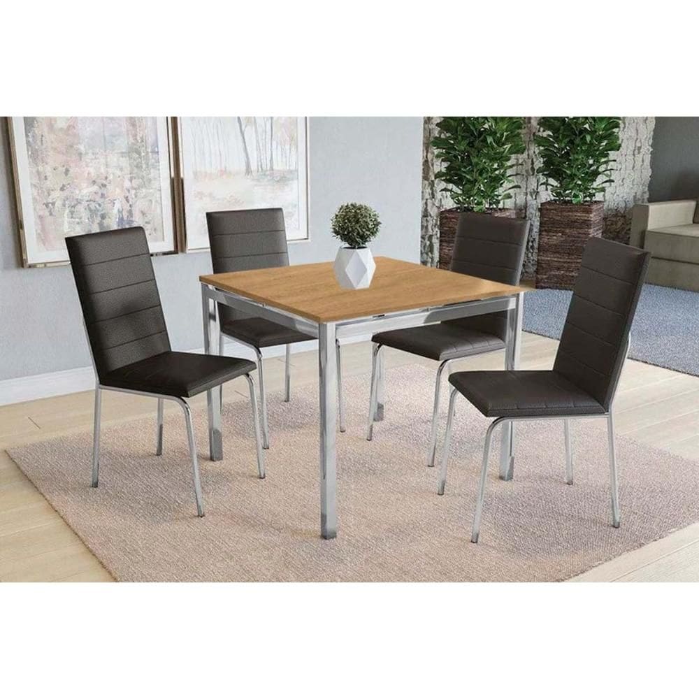Conjunto: Mesa Sala Jantar Reno c/ Tampo de Madeira 90cm e 4 Cadeiras Amsterdã Cromada/Nogueira - Courano Preto - Kappesberg