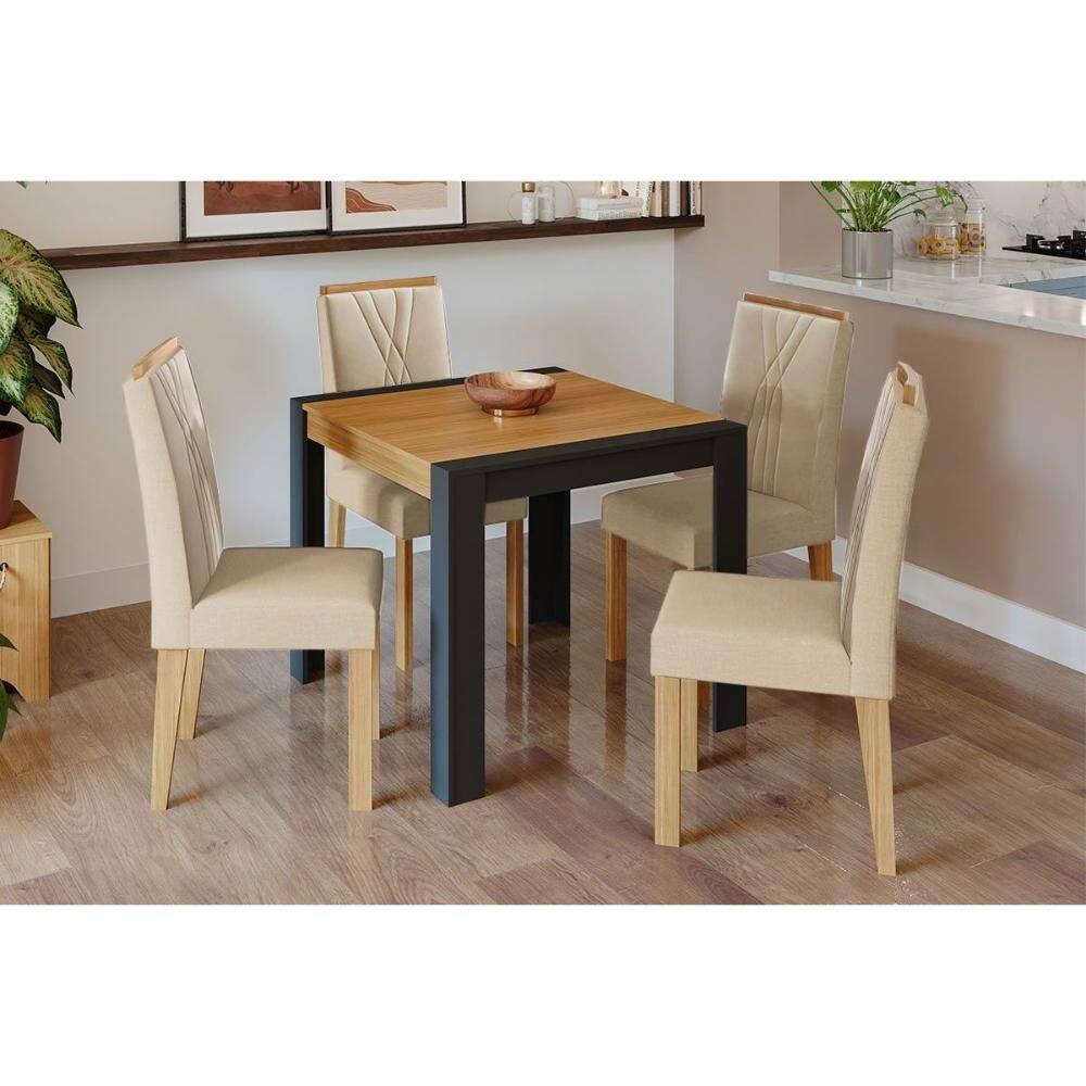 Conjunto: Mesa Sala Jantar Grace Tampo Madeirado 90x90cm e 4 Cadeiras Nicole Nature/Suede Nude Bege - Cimol