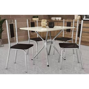 Conjunto: Mesa Sala Jantar Loire Tampo Madeirado c/ Vidro 80x120cm e 4 Cadeiras Florença Cromado/Off White/Vidro Off White - Preto - Kappesberg