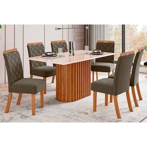 Conjunto: Mesa Sala Jantar Solana c/ Tampo Madeirado c/ Vidro Reto 160x90cm e 6 Cadeiras Bella Nature/Suede Light Marrom Amendoa - Henn