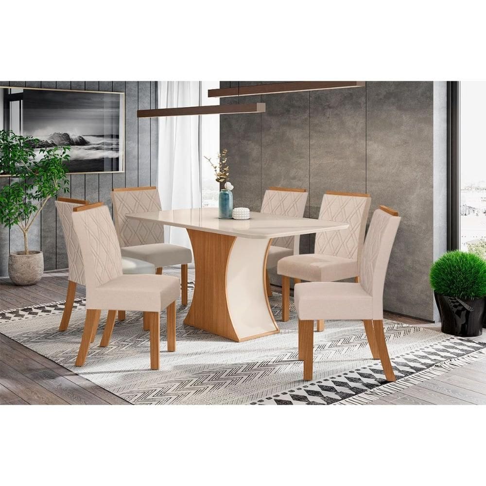 Conjunto: Mesa Sala Jantar Luiza c/ Tampo de Vidro 160x90cm e 6 Cadeiras Vita Nature/Off White - Linho Bege - Henn