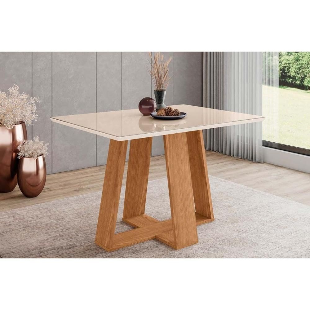 Mesa p/ Cozinha Lins SC90 c/ Tampo Madeirado c/ Vidro Reto 120x80cm Nature/Off White - Henn