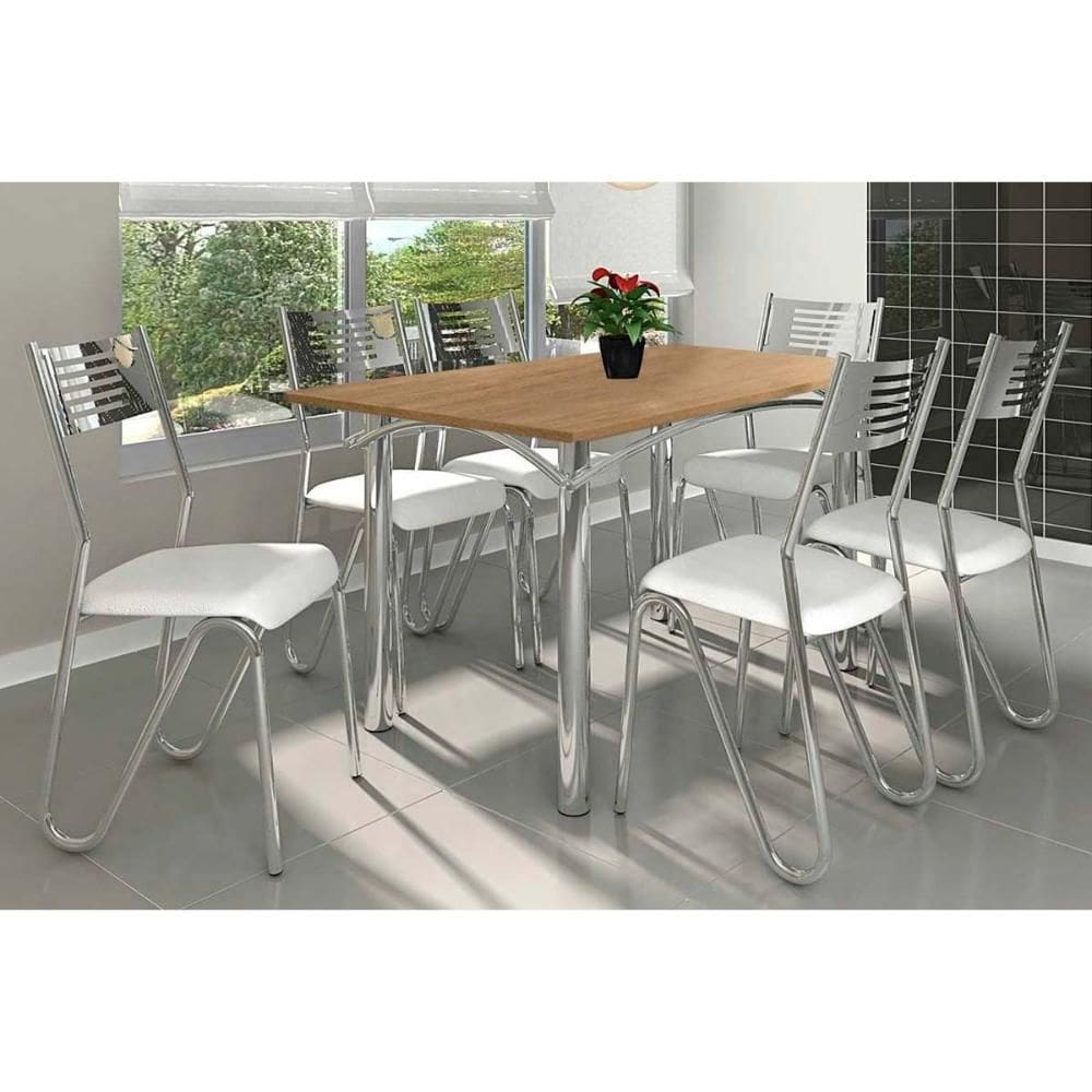 Conjunto: Mesa Sala Jantar Elba c/ Tampo de Madeira 160cm e 6 Cadeiras Nápoles Cromada/Nogueira - Courano Branco - Kappesberg