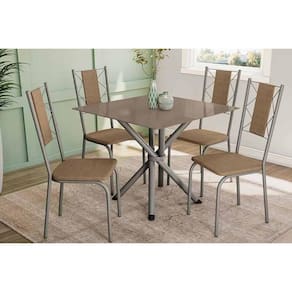 Conjunto: Mesa de Cozinha Volga Tampo Madeirado c/ Vidro 95x95cm e 4 Cadeiras Lisboa Niquel/Freijo/Vidro Bronze - Capuccino - Kappesberg