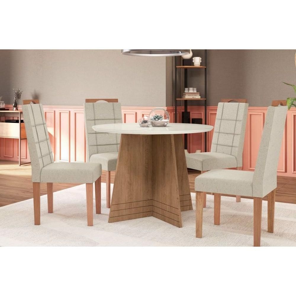 Conjunto: Mesa Sala Jantar Lótus Tampo Madeirado c/ Vidro 105x105cm e 4 Cadeiras 2CAD150 Nogueira/Off White/Vidro Off White - Eucalipto - Kappesberg