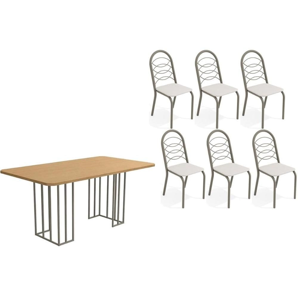 Sala de Jantar Completa Duina c/ Tampo de Madeira 160cm e 6 Cadeiras Holanda Niquel/Freijo - Courano Branco - Kappesberg