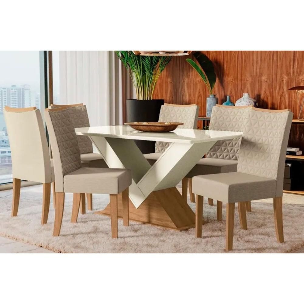 Conjunto: Mesa Sala Jantar Amora Tampo Madeirado c/ Vidro 90x170cm e 6 Cadeiras 2CAD129 Freijo/Off White/Vidro Off White - Freijo/Linh - Kappesberg