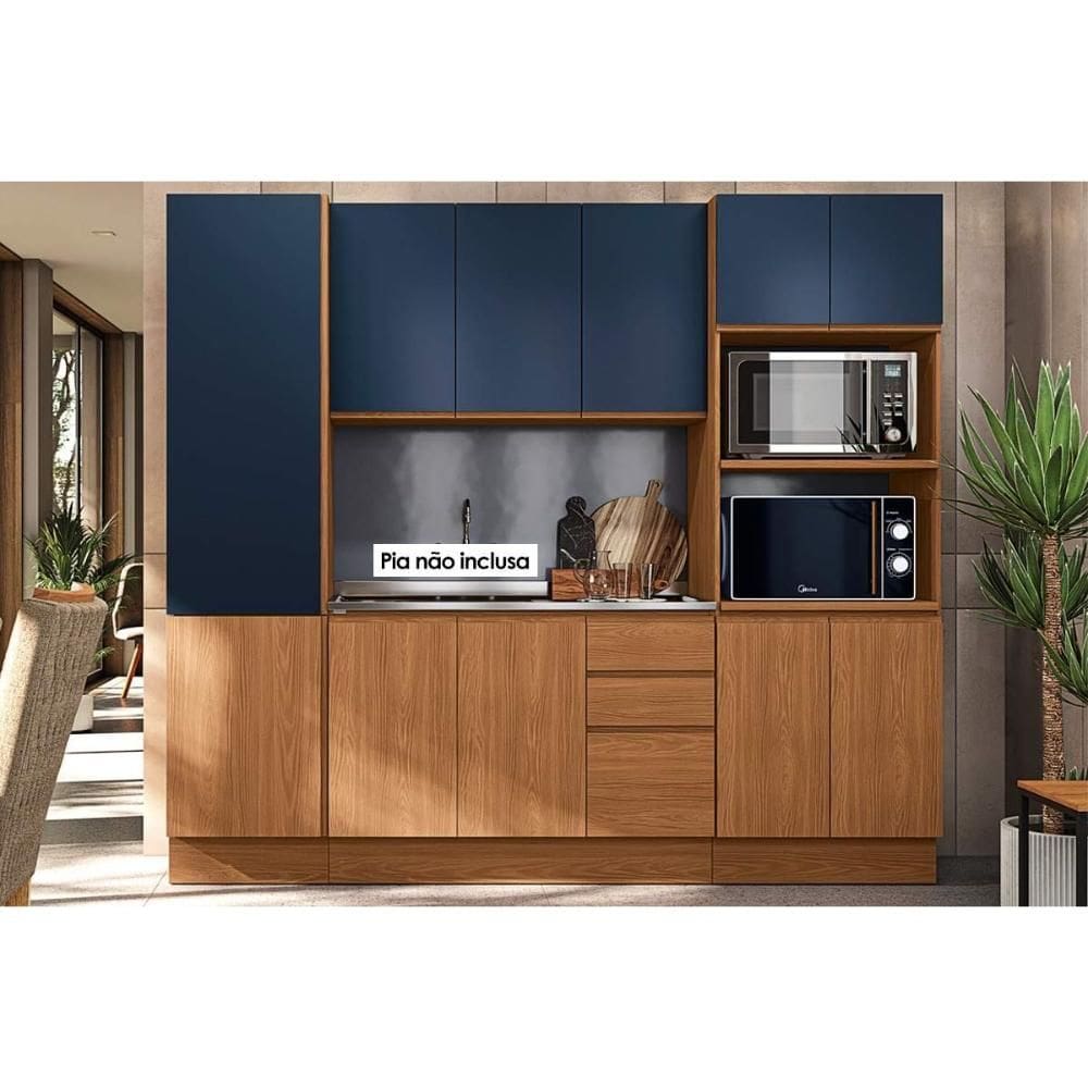 Cozinha Modulada Completa Ciela 4 Peças (1Aéreo+1Balcão+2Paneleiros) C4P81 Canela/Azul Profundo - Kappesberg