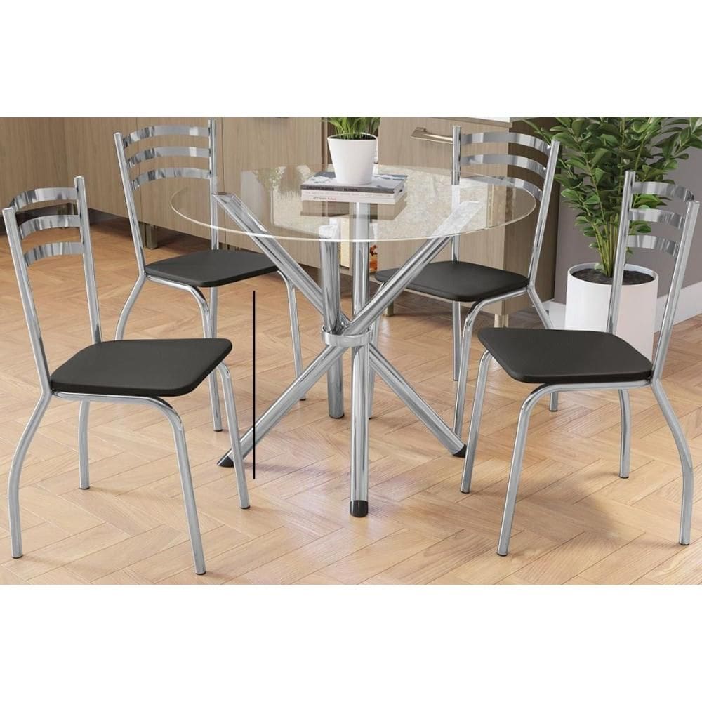 Conjunto: Mesa Sala Jantar Volga c/ Tampo de Vidro 95x95cm e 4 Cadeiras Portugal Cromada - Preto - Kappesberg