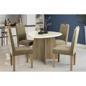 Conjunto: Mesa Sala Jantar Lótus Tampo Madeirado c/ Vidro 105x135cm e 4 Cadeiras 2CAD153 Nogueira/Off White/Vidro Off White - Eucalipto - Kappesberg