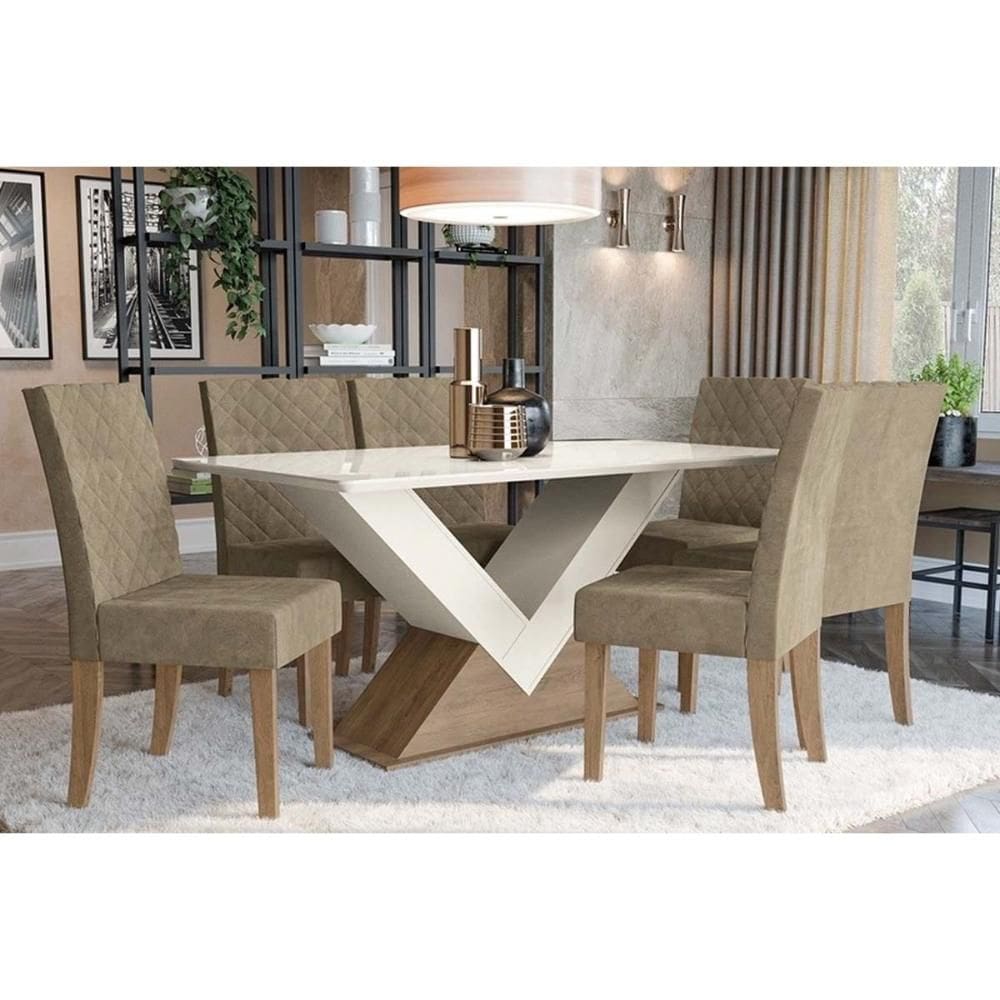 Conjunto: Mesa de Cozinha Amora Tampo Madeirado c/ Vidro 90x180cm e 6 Cadeiras 2CAD133 Freijo/Off White/Vidro Off White - Suede Delu - Kappesberg