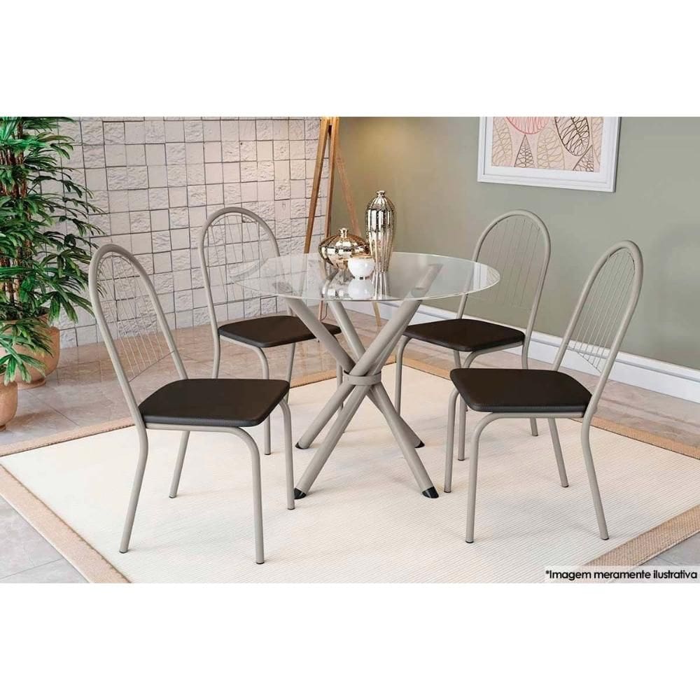 Conjunto: Mesa de Cozinha Volga c/ Tampo de Vidro 95x95cm e 4 Cadeiras Noruega Niquel - Preto - Kappesberg