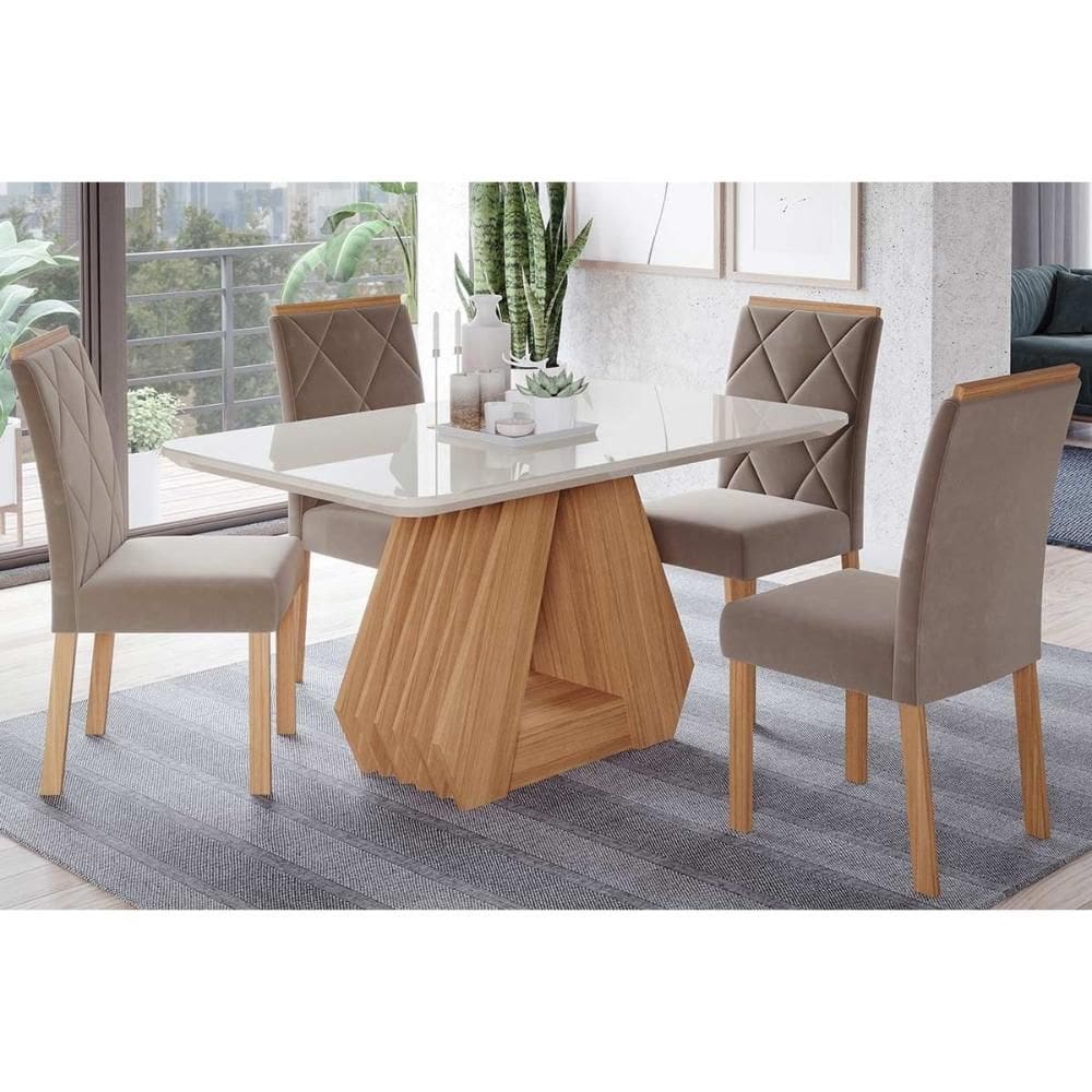 Conjunto: Mesa Sala Jantar Ágata Tampo Madeirado c/ Vidro 130x80cm e 4 Cadeiras Fernanda Madeirado/Suede Joli Capuccino - Cimol