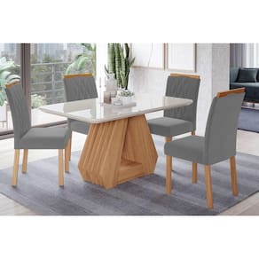 Conjunto: Mesa de Cozinha Ágata Tampo Madeirado c/ Vidro 130x80cm e 4 Cadeiras Juliana Nature/Off White - Madeira/Linho Grafite - Cimol